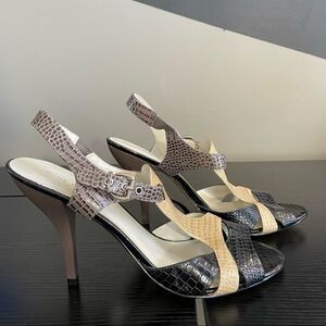 Nine West Hammer Leather Neutral Animal Embossed Heel Sandal, 10